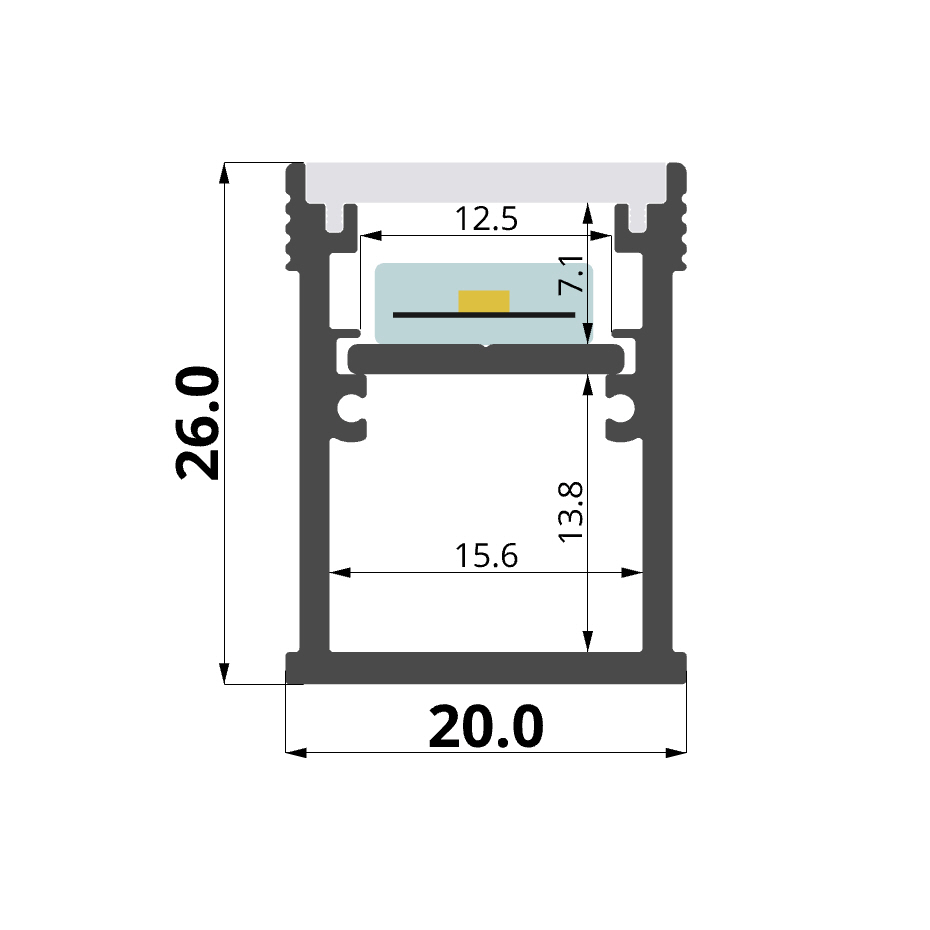 20x26mm walkable floor-recessed aluminum profile, 2 meters