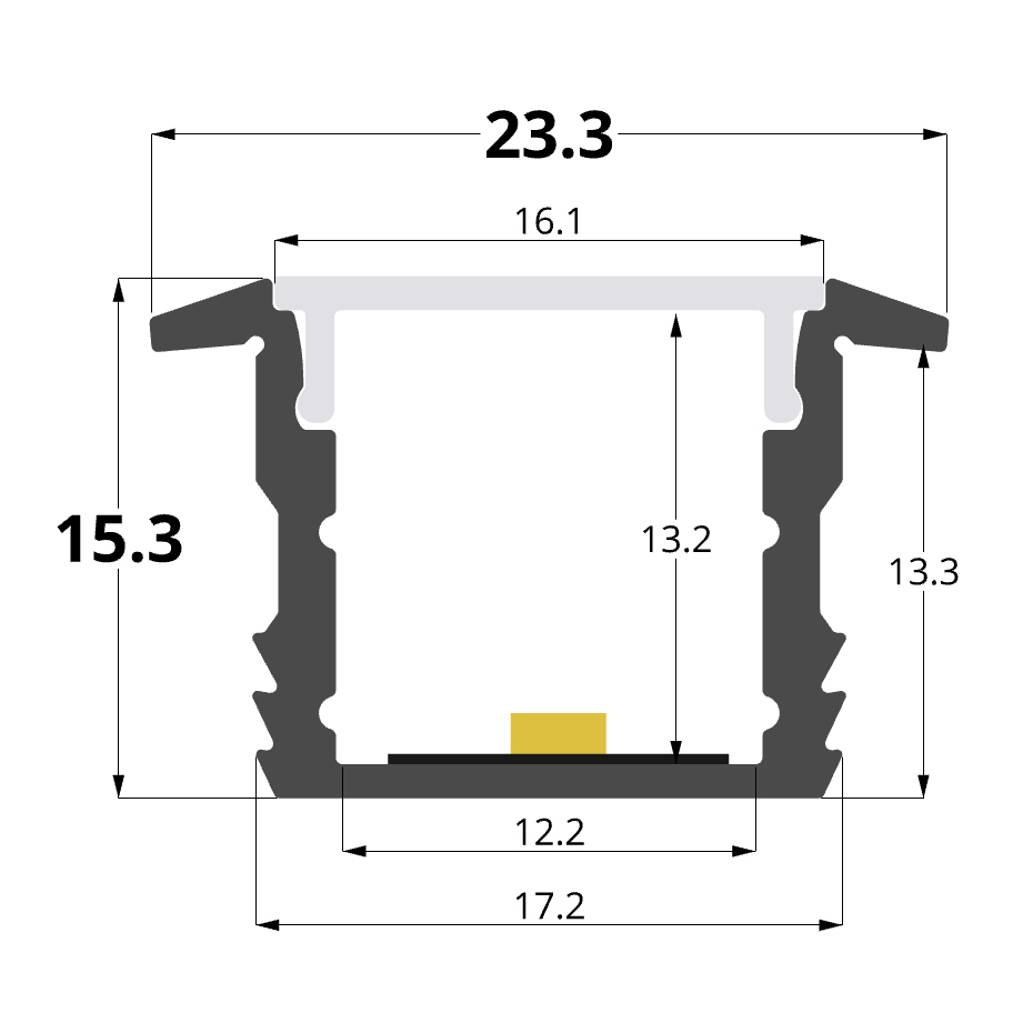 Recessed 23x15mm aluminium profile, 2 meters,3 meters