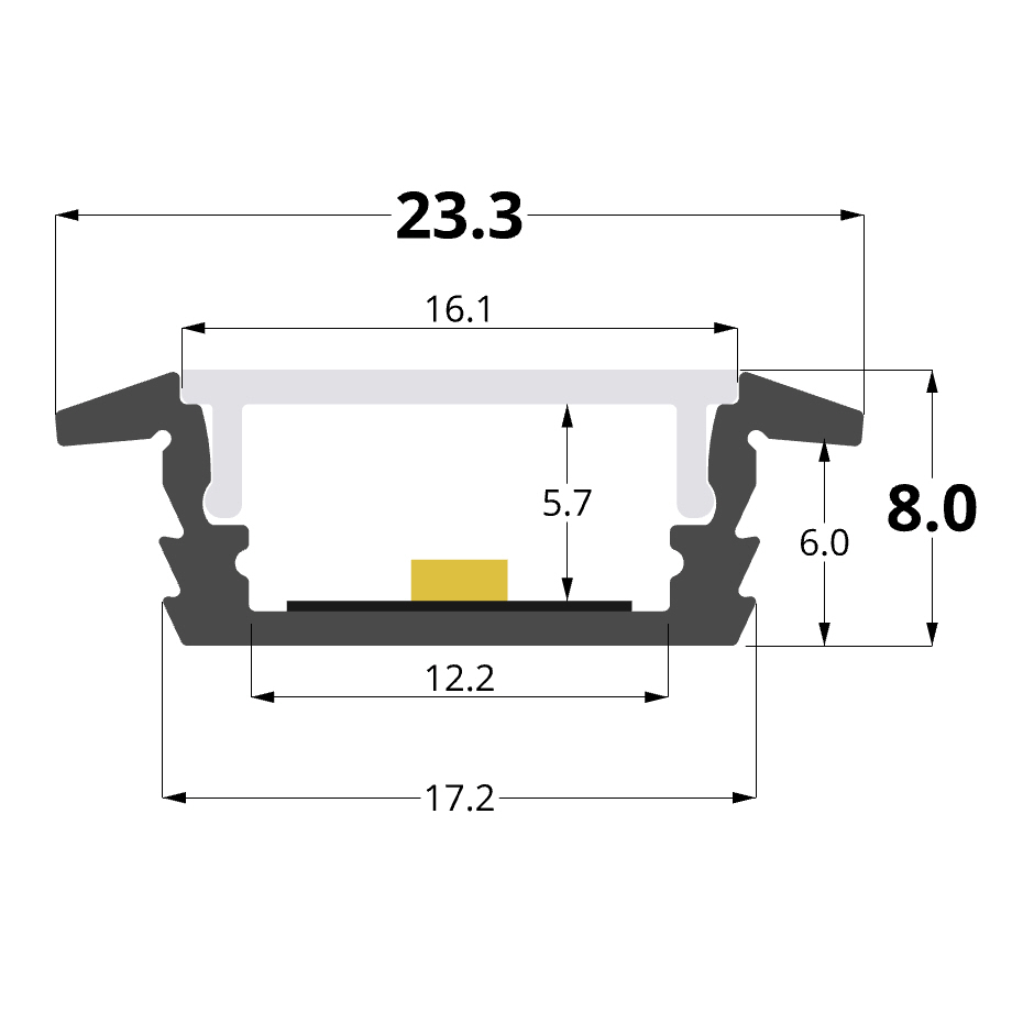 Recessed 23x8mm aluminium profile, 2 meters,3 meters