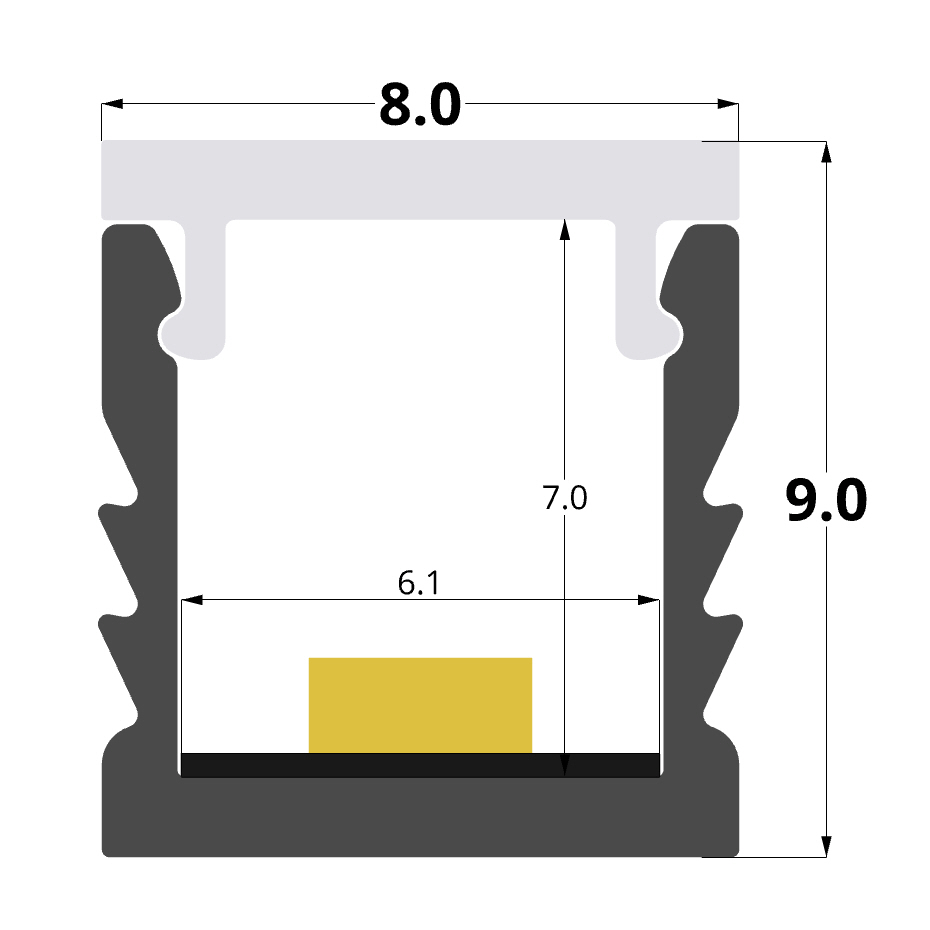 Recessed 9x8mm aluminium profile, 2 meters,3meters