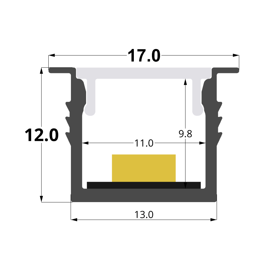 Recessed 17x12mm aluminium profile, 2.5 meters, 3 meters
